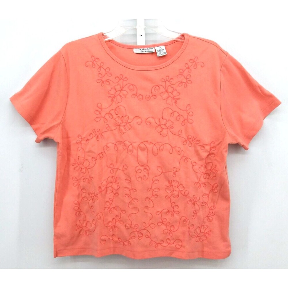 Keneth Too Shirt Womens Top Size L Pink Embroidered Floral Short Sleeve